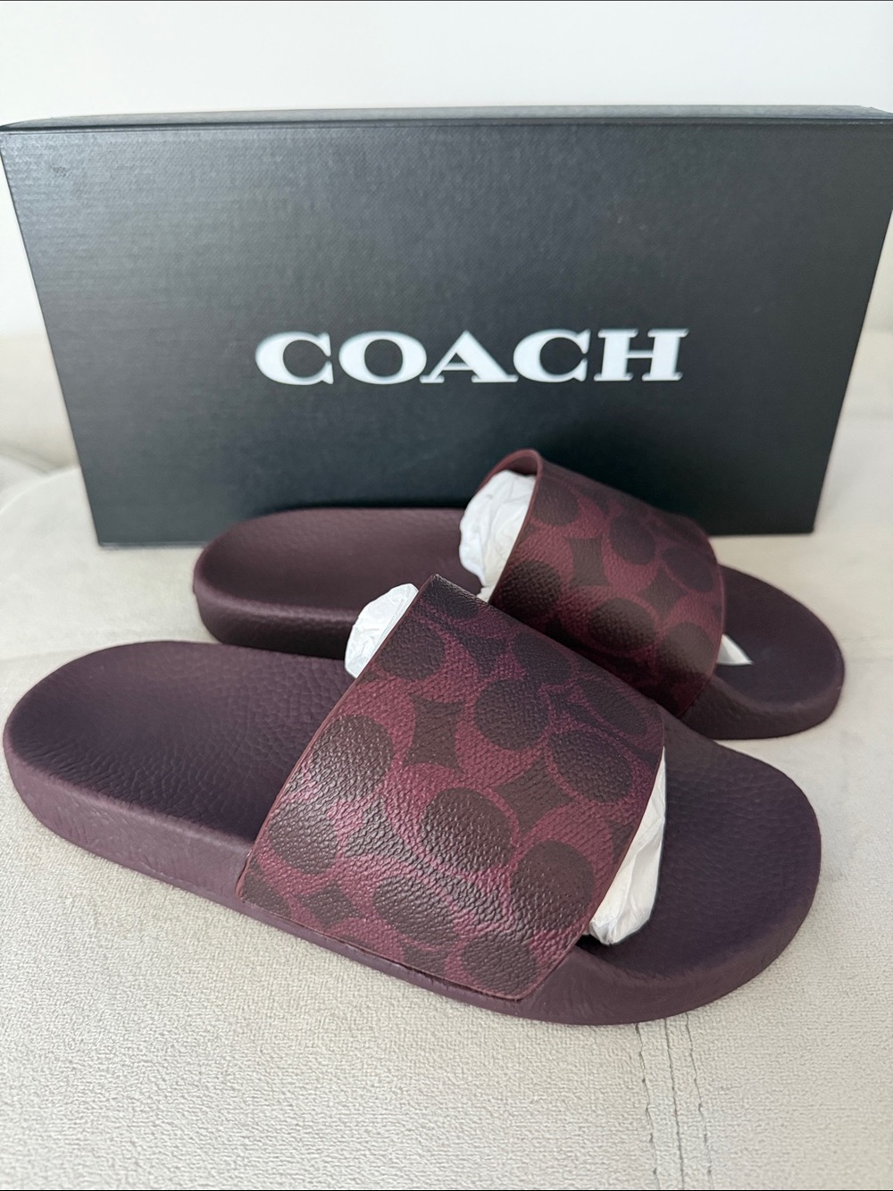 BNNW Udele Coated Canvas Coach Slide Sandals in Black Currant Color
